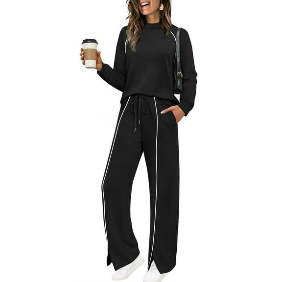 Nokdvo Women's Sets 2 Piece Outfit Fashion 2025 Casual Long Sleeve Pullover Tops Crew Neck with Drawstring Wide Leg Leg Slit Pants Striped Fall Winter Sweat Suit with Pockets,Black L
