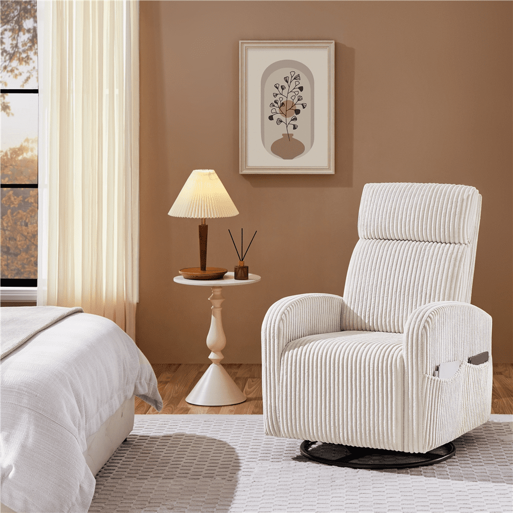 Yaheetech Corduroy Swivel Recliner Glider Chair Rocking Chair for Living Room, Beige