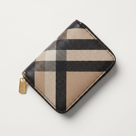 Brown Plaid Mini Zip Wallet – Compact Card Holder & Coin Purse