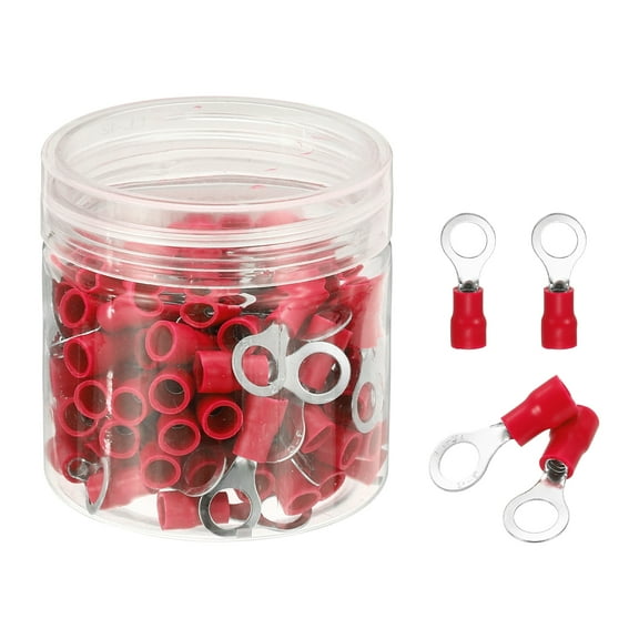 Uxcell 100Pcs Insulated Ring Terminal RV2-6 Battery Lugs 16-14AWG Electrical Crimp Terminals Eyelet Wire Connectors for Industrial, Electrical Wiring, Red