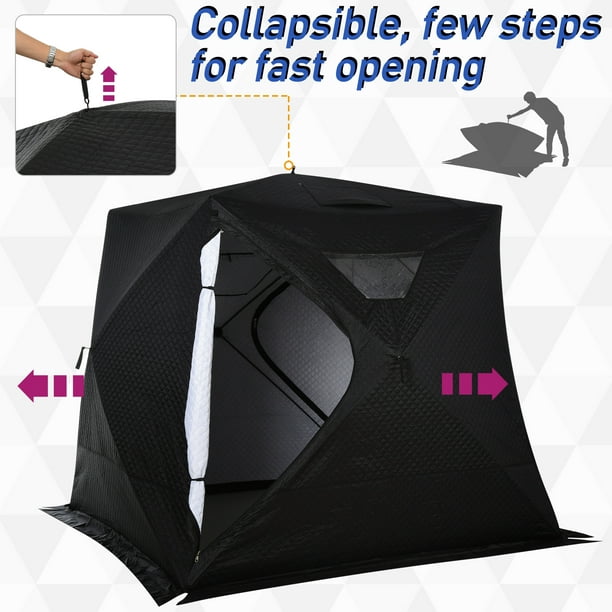 Outsunny 4-Person Insulated Ice Fishing Tent, Portable Ice Fishing Shelter  with Ventilation Windows, Carry Bag, Two Doors and Anchors for Low-Temp  -22℉ 