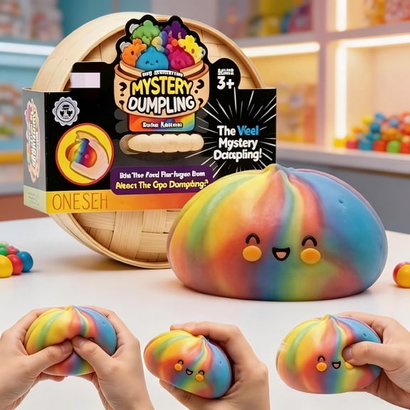 Squishy Toys Mystery Rainbow Dumpling Squishy with Steamer Box, Surprise Mystery Dumpling Neon Edition Bao Bun Dumpling Squeeze, New Glitter Dumpling Squishies
