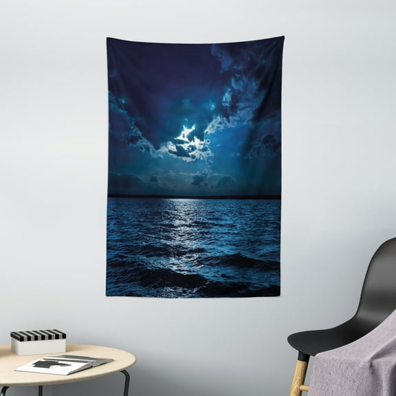 Night Tapestry, Majestic Dramatic Sky Clouds and Full Moon Over Seascape Calm Tranquil Ocean, Wall Hanging for Bedroom Living Room Dorm Decor, 40W X 60L Inches, Dark Blue White, by Ambesonne
