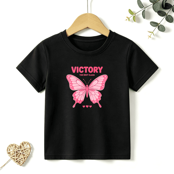Girls Graphic Tees Butterfly Victory Class Kids T Shirt Cute 100% Cotton Short Sleeve Soft Tops 4-13Y