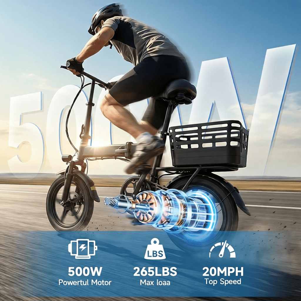 14 Inch Folding Electric Bike, 500W Peak Motor 432Wh Hidden Anti-Theft Battery, 20MPH Speed 35 Miles Range, Adult Mini Ebike with Rear Basket for Commuting Shopping UL2849