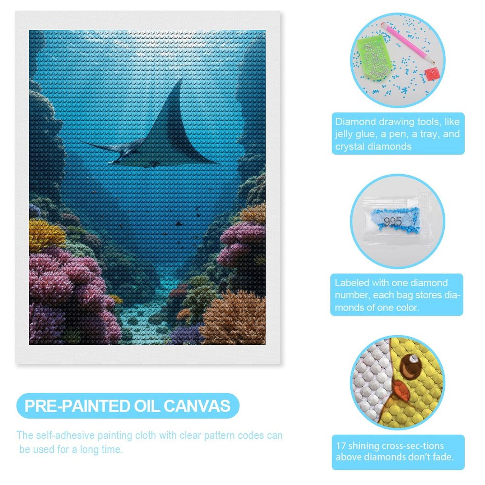 Diamond Art Kits for Adults, Coral Reef Manta Ray Ocean Scene 5D Diamond Painting Kits for Adults Beginners, DIY Full Drill Diamond Painting, Gem Art and Crafts 12x16