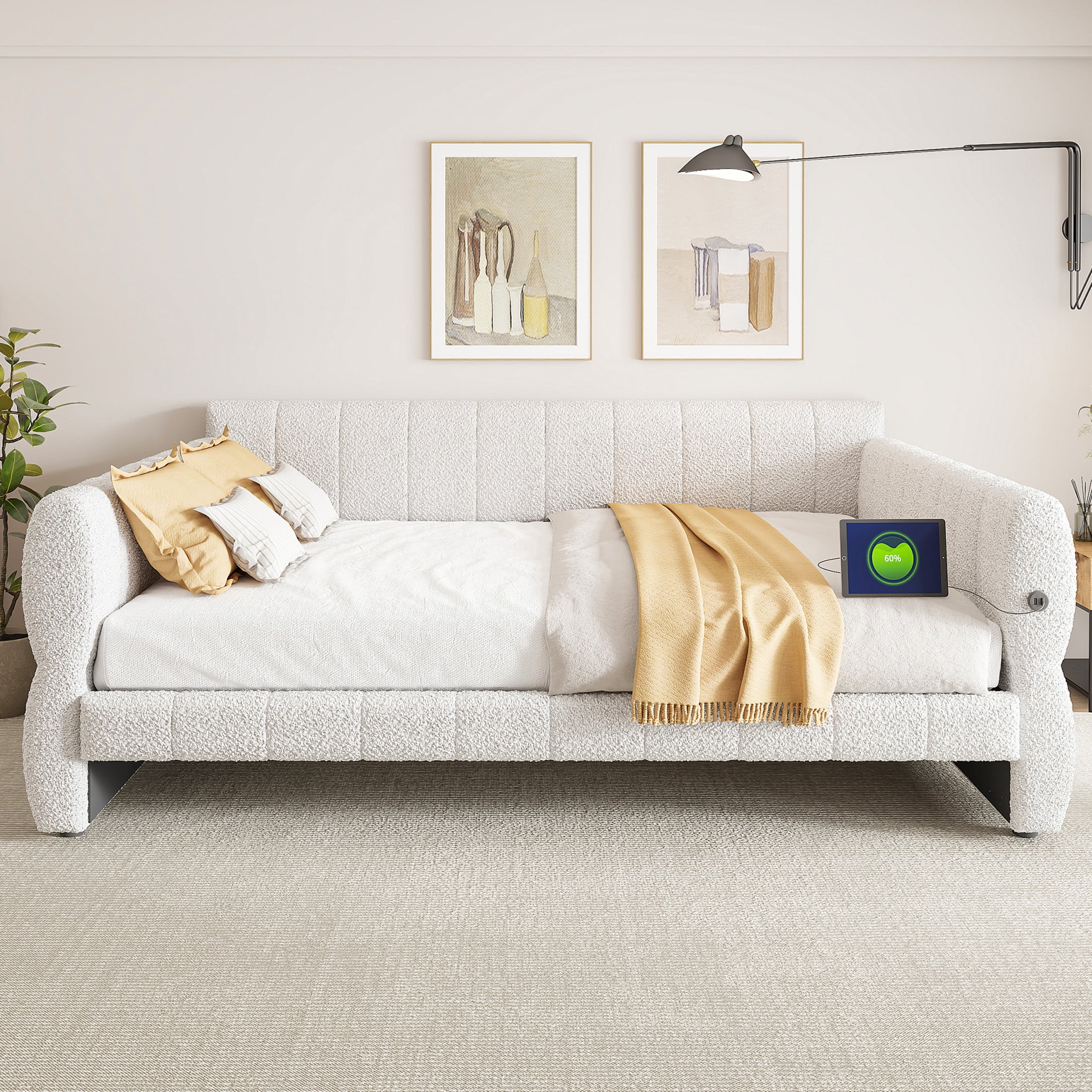 Noble House King Size Lambswool Upholstered Platform Bed, Pine Wood Bed Frame with USB Charging Port, White