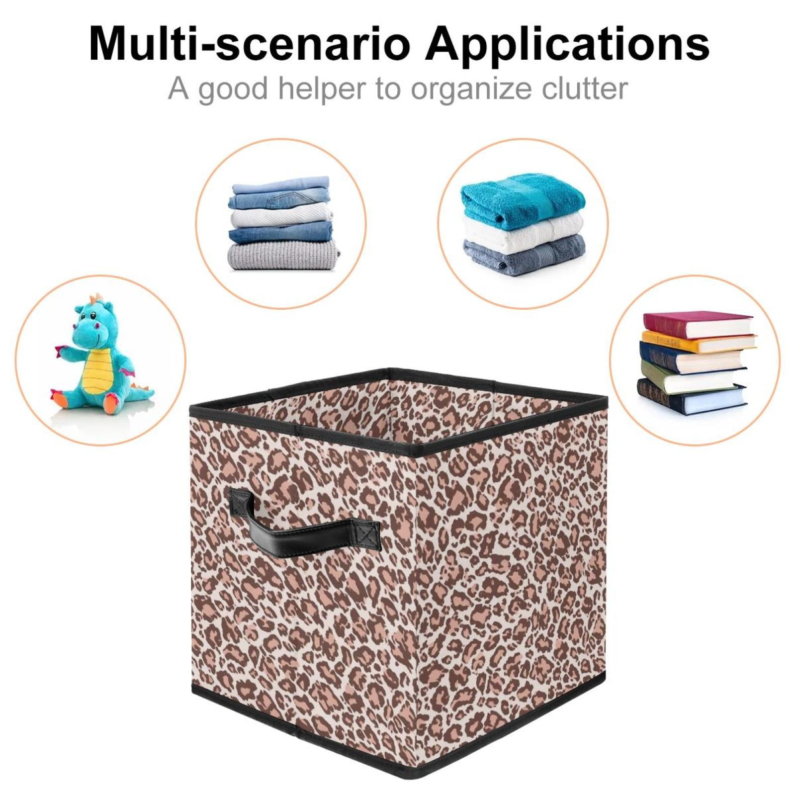 RATGDN Collapsible Fabric Cube Storage Bin with Double Handles for Living Room Bedroom Office Black - Light Pink Leopard Print