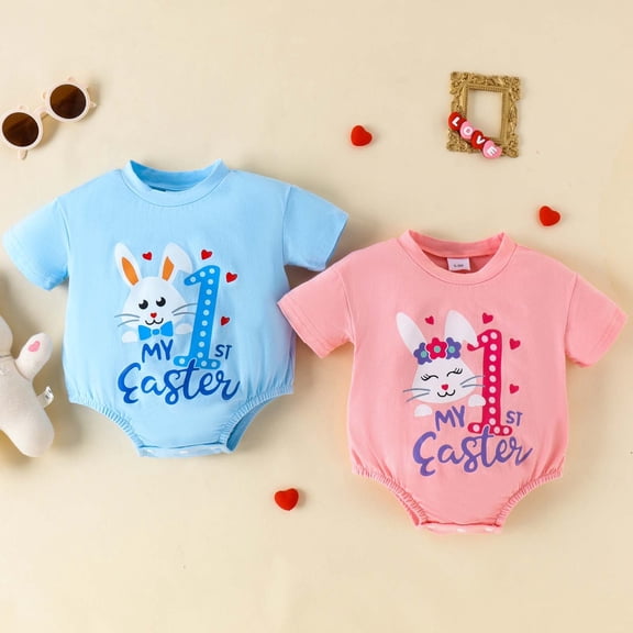 MUXiin My First Easter Baby Girl Outfit Romper Letter Print Long Sleeve Hood Sweatshirt Jumpsuit with Bunny Ears