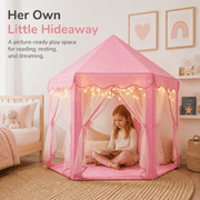 Wilwolfer Princess Castle Kids Indoor Play Tent, Pink Hexagon Fabric Playhouse with Star Lights, Large with Carrying Bag KP-GZ-001-W