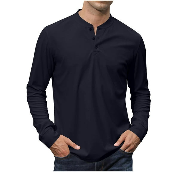 Wyobmus Men's Henley Shirts Casual Button Up Long Sleeve V-Neck Tee Lightweight Stretch T-Shirts Black