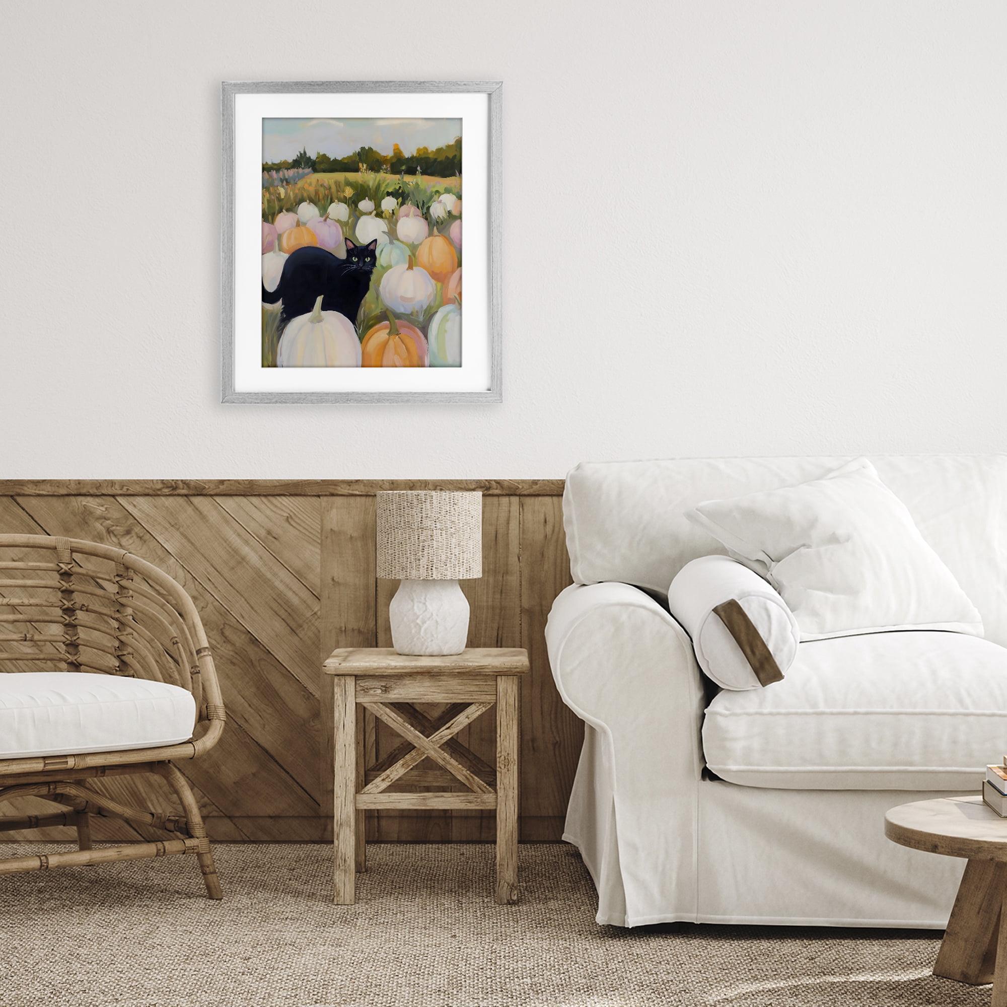 Stupell Industries Kitten & Pumpkins in Field Gray Framed Print Under Glass, design by The Prints Vibe