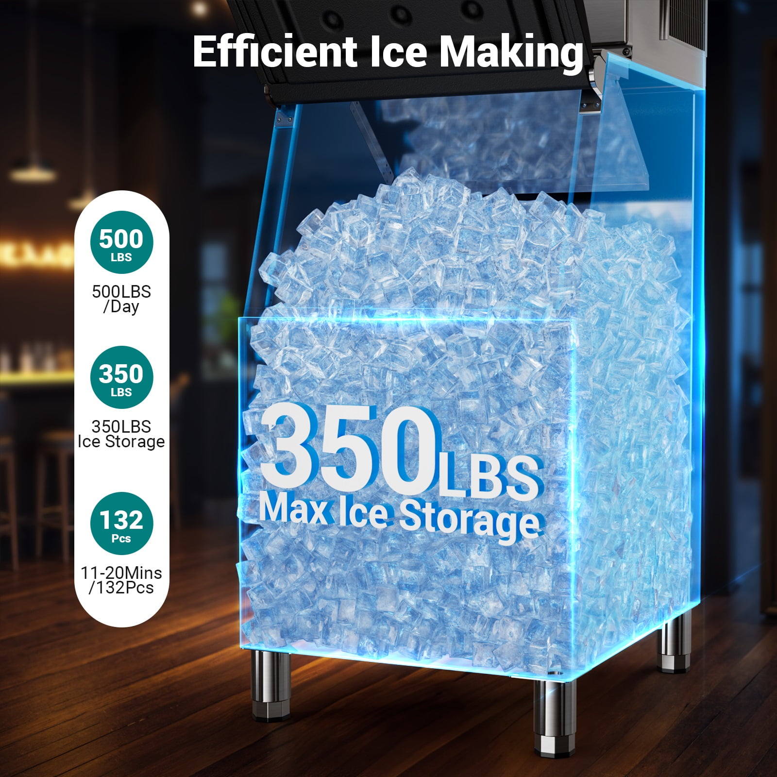 Ecojoy Commercial Ice Maker Machine 500LBS/24H, 30 Adjustable Ice Thicknesses with 350lbs Storage Bin, 5-15 Minutes Fast Ice Making