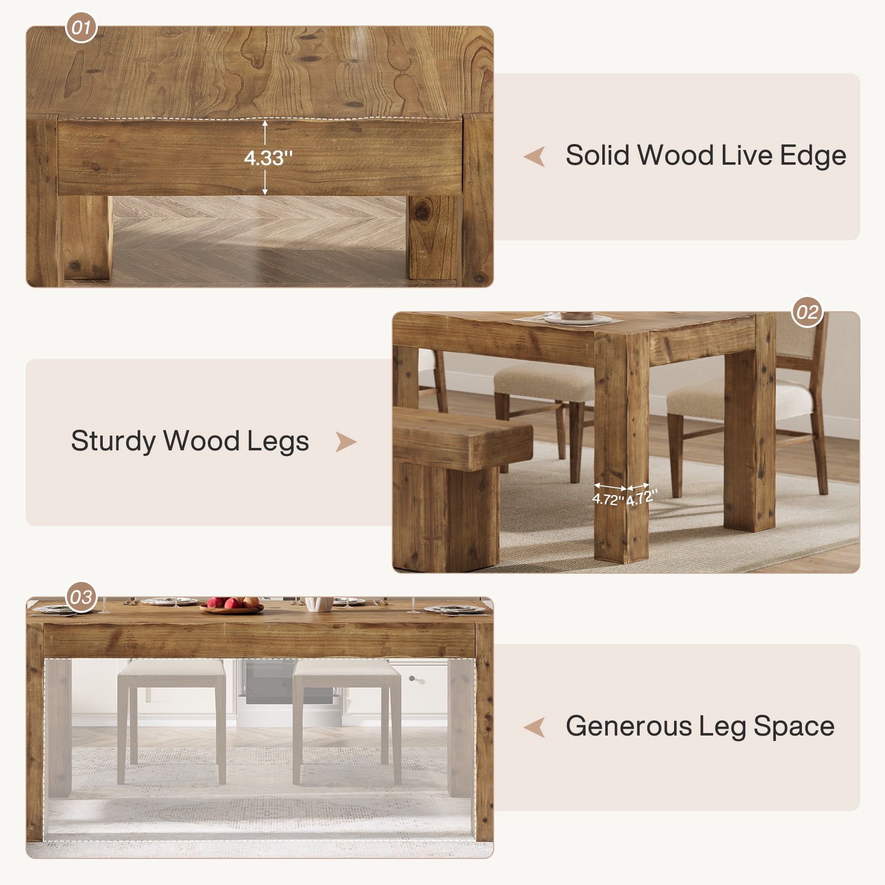 Tribesigns  Solid Wood Dining Table for 4-6 People, 63 Inch Rectangle Farmhouse Table for Kitchen, Dining Room, Rustic Brown