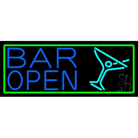 Blue Bar Open With Martini Glass LED Neon Sign 13 x 32 - inches, Clear Edge Cut Acrylic Backing, with Dimmer - Bright and Premium built indoor LED Neon Sign for Bar decor.