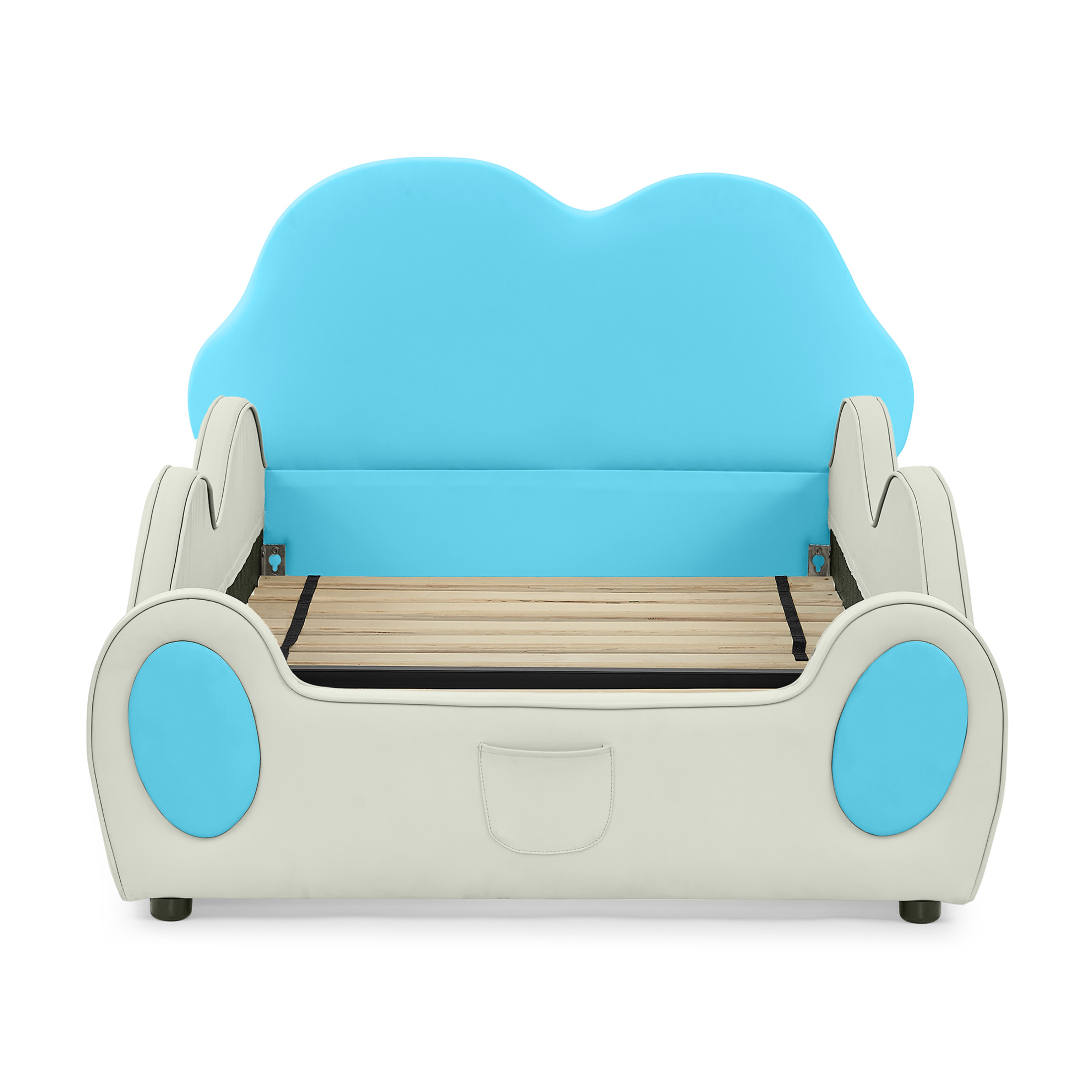 Noble House Mavor Twin Size Cute Cloud PU Leather Kids Bed with Guardrails, Cartoon Safety Toddler Bed, Blue & Beige
