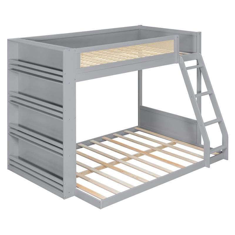 Twin-Over-Full Bunk Bed with Built-in Ladder & LED Strip, Storage Wooden Bed Frame with Bookshelf & Rattan Guardrail