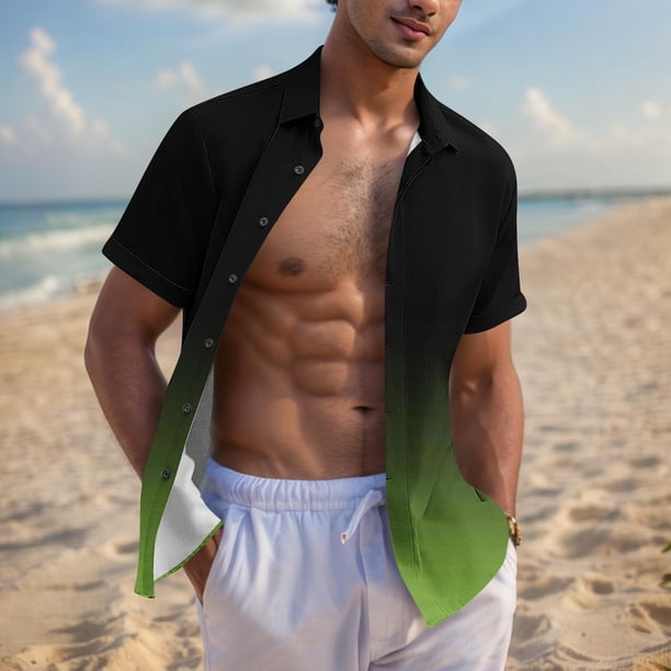 Blusa y camisa de manga corta con cuello vuelto para hombre, blusa informal de moda con cuello vuelto, blusa estampada de manga corta con botones, blusa de poliéster para hombre