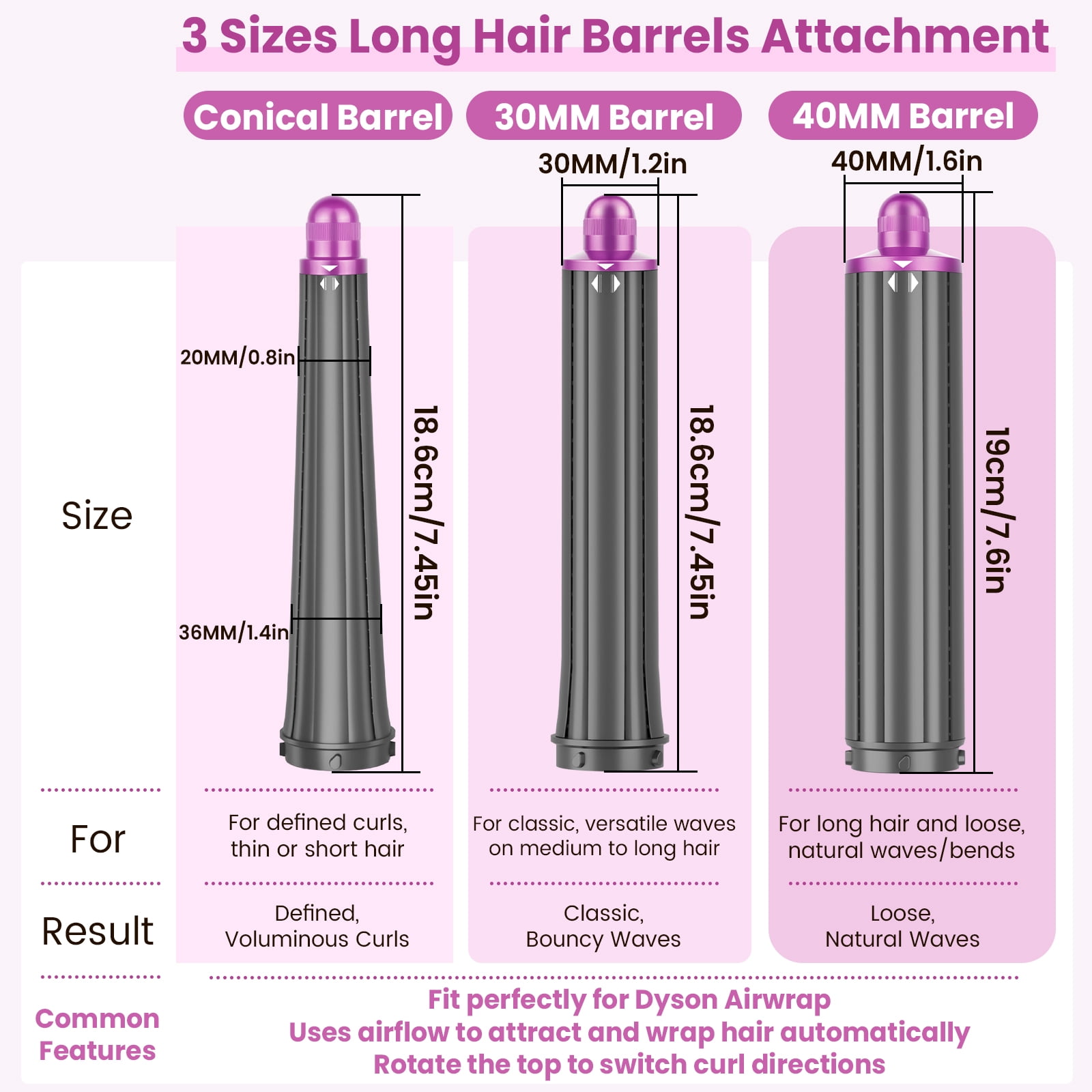 AFDD 40MM/1.6 Inch Long Hair Curling Barrels compatible with Dyson Airwrap Styler Self-Curling Accessories