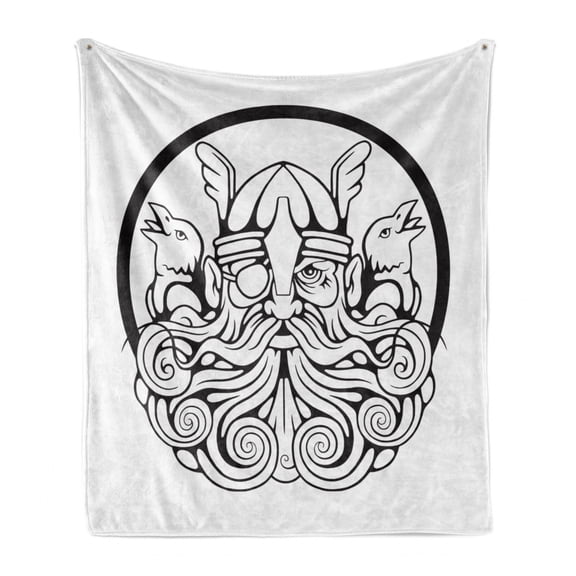 Black and White Soft Flannel Fleece Throw Blanket, All Father Odin with Eye Patch and Crows Themed Composition Print, Cozy Plush for Indoor and Outdoor Use, 50" x 60", White and Black, by Ambesonne