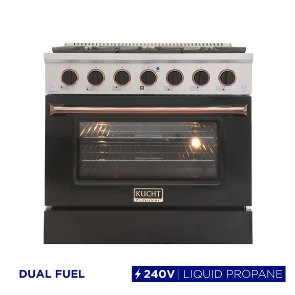 36 in. 5.2 cu. ft. Dual Fuel Range for Propane Gas in Rose Handle & Ring Knobs.