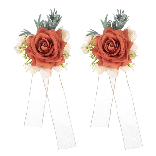 Uxcell 2 Pcs Corsage de Muñeca de Flores Naranja Oscuro, Pulseras de Flores Artificiales para Boda Novia Novio Ceremonia Aniversario Baile Fiesta