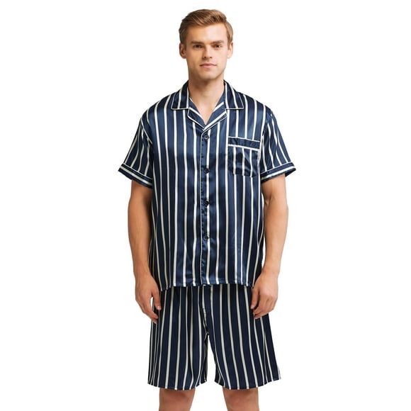 Men's Short Sleeve Satin Pajama Set with Shorts (Large, Navy and Beige Striped)