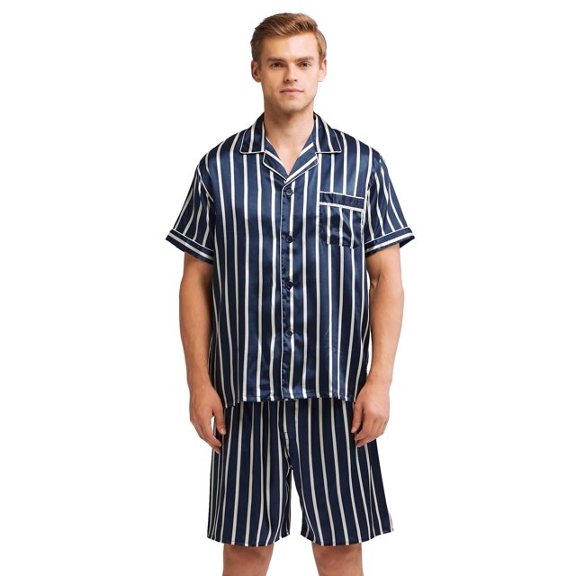 Men's Short Sleeve Satin Pajama Set with Shorts (Large, Navy and Beige Striped)