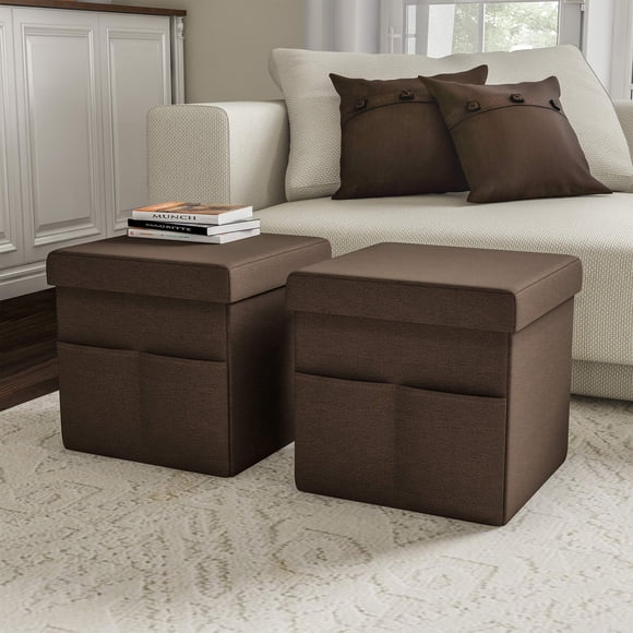 Juego de 2 otomanas con bolsillos de almacenamiento – reposapiés plegables de 15 pulgadas o organizadores de almacenamiento para dormitorio, sala de estar o dormitorio de Lavish Home (marrón)
