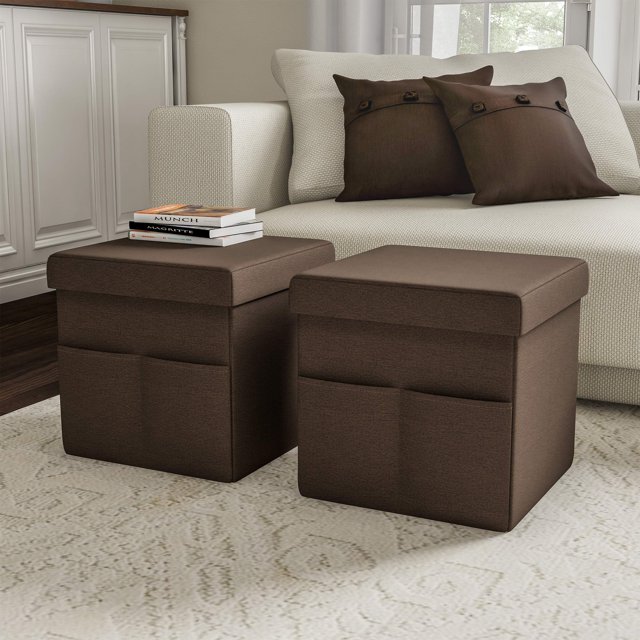 Juego de 2 otomanas con bolsillos de almacenamiento – reposapiés plegables de 15 pulgadas o organizadores de almacenamiento para dormitorio, sala de estar o dormitorio de Lavish Home (marrón)