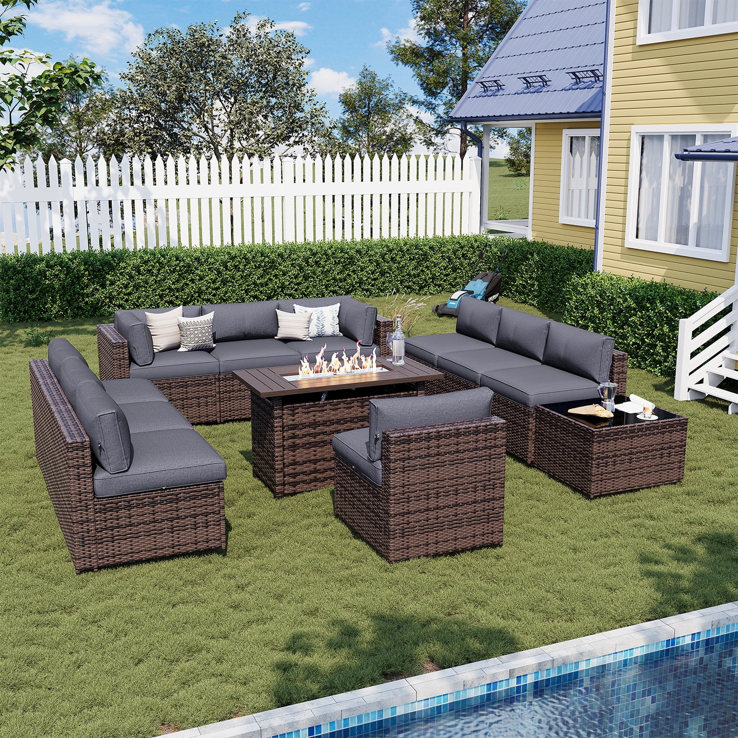 Sunmthink 12-Piece Outdoor Patio Furniture, Patio Furniture Sets with Fire Pit, Wicker Outdoor Conversation Set and Waterproof Cover