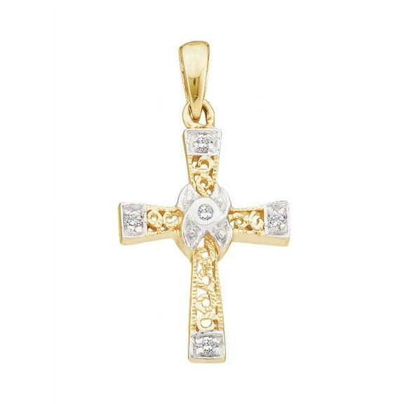10K Yellow Gold Diamonded Cross Necklace Pendant 1/20 Ctw.