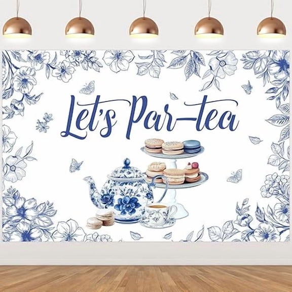 5x3ft Tea Party Decorations Backdrop, Blue and White Porcelain Let's Par -Tea Photography Background, Chinoiserie Baby Bridal Shower Gender Reveal Wedding Birthday Photo Props Supplies