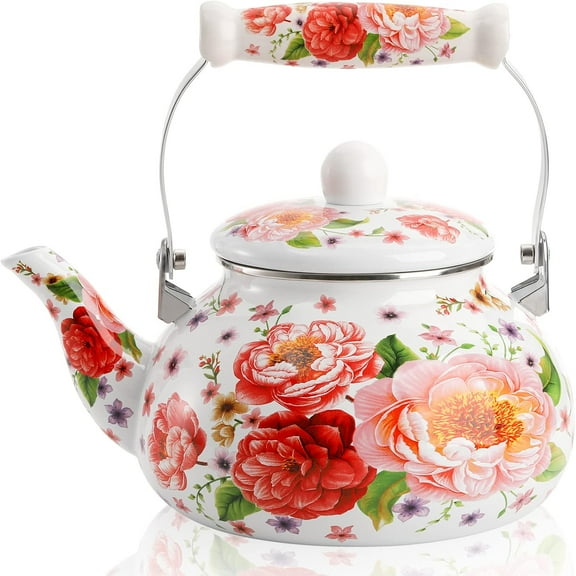 2.6 Quart Enamel Tea Kettle Stovetop, Large Porcelain Enameled Teakettle, 2.5L Vintage Tea Pot with Ceramic Cool Handle, Colorful Floral Steel Teapot for Hot Water, Retro Decor, No Whistling