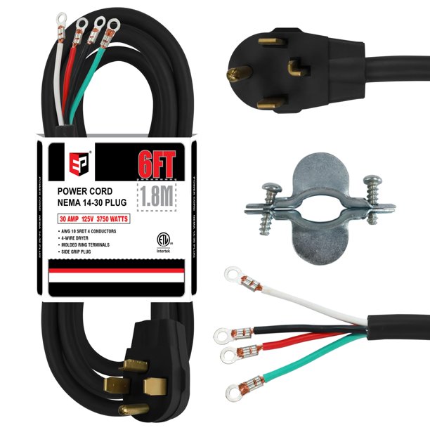 Cable de secado EP de 4 puntas 10/4 SRDT, 30 amperios, 6 pies, NEMA 14-30, negro