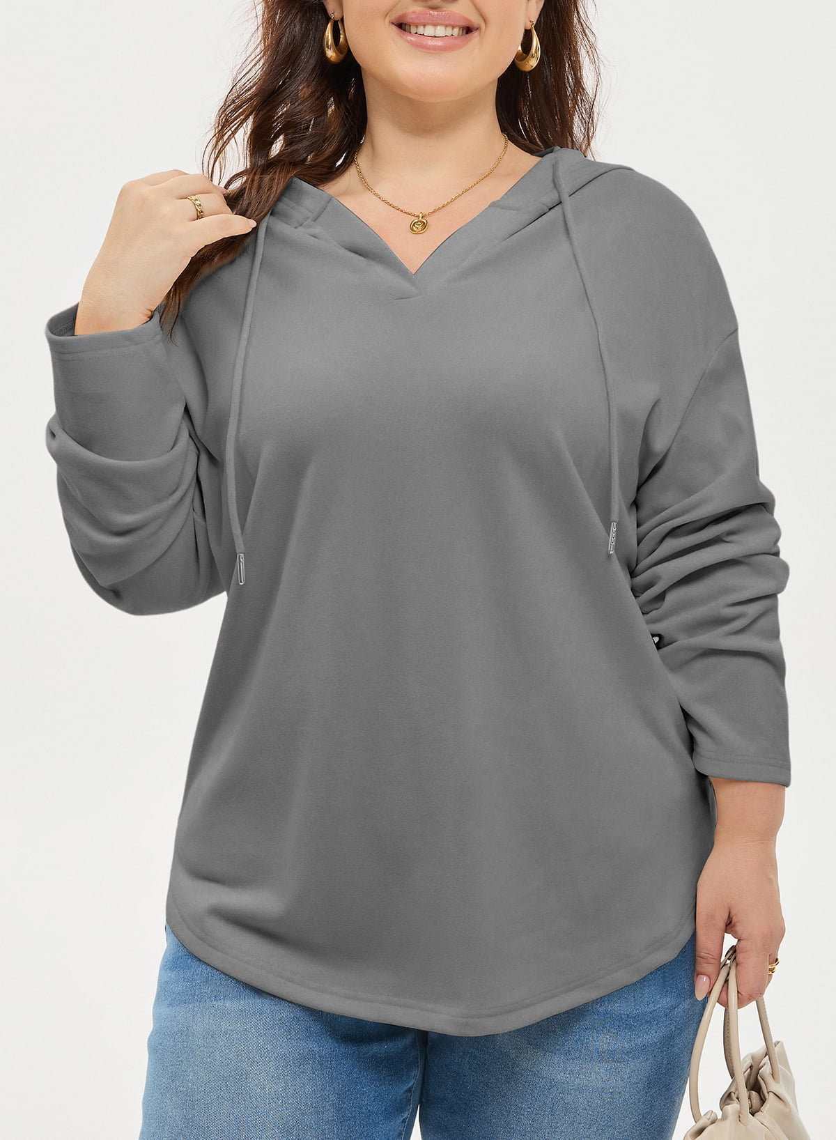 SHEWIN Sweatshirt for Women Plus Size Hooded Sweatshirts Fleece Sweatshirt V Neck Drawstring Long Sleeve Hoodie Pullover Tops for Fall 2025 Gray 3X