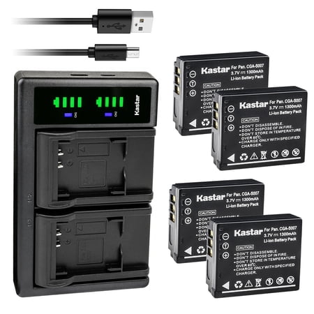 Kastar 4-Pack CGA-S007 Battery and LTD2 USB Charger Compatible with Panasonic Lumix DMC-TZ1EF Lumix DMC-TZ1EG Lumix DMC-TZ1GK Lumix DMC-TZ1K Lumix DMC-TZ1S Lumix DMC-TZ2 Lumix DMC-TZ2A Camera