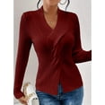thumbnail image 5 of Sweaters for Women Fall Long Sleeve V Neck Ribbed Knit Sweater Slim Fit Solid Basic Casual Tops Wine Red S, 5 of 8