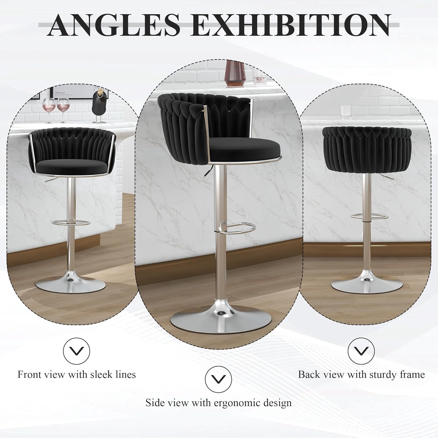 Baxluxe Swivel Bar Stools Set of 2, Velvet Counter Height Bar Chairs with Footrest, Adjustable High Stools Bar Chairs with Metal Base, Island Stools Bar Height Chairs for Kitchen Island, Pub, Black