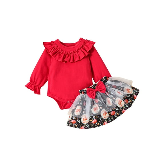 Seyurigaoka 2Pcs Infant Baby Girl Skirt Suit Ruffled Cuffs Long-sleeved Romper Floral Skirt