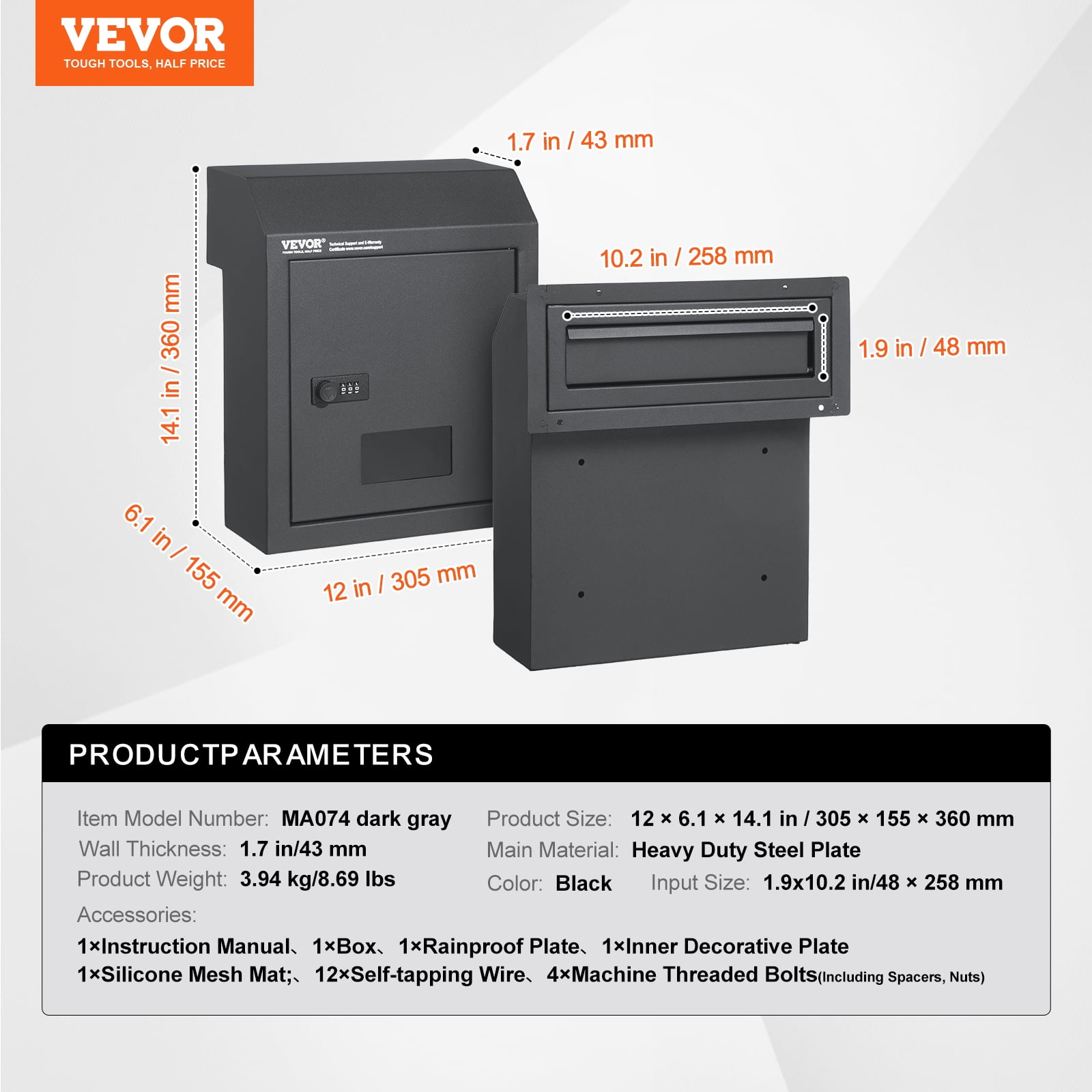 VEVOR Sturdy Metal Key Safe, Combo Lock, 12'' Size, Wall-Mounted, Secure Letter Keeper, Dark Gray