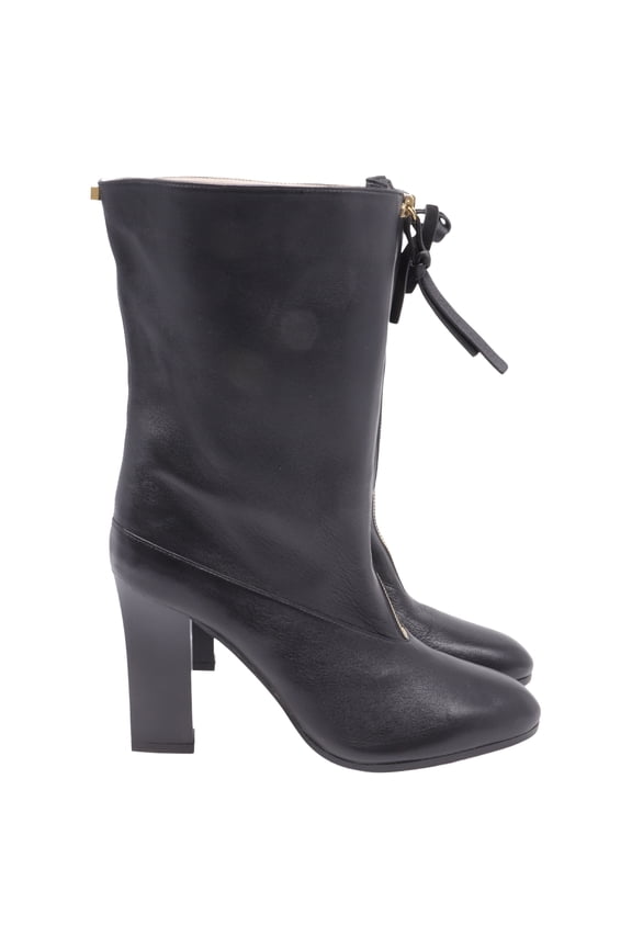 Pre-Owned Stuart Weitzman Jett Front-Zipped Mid-Calf Boots in Black Leather