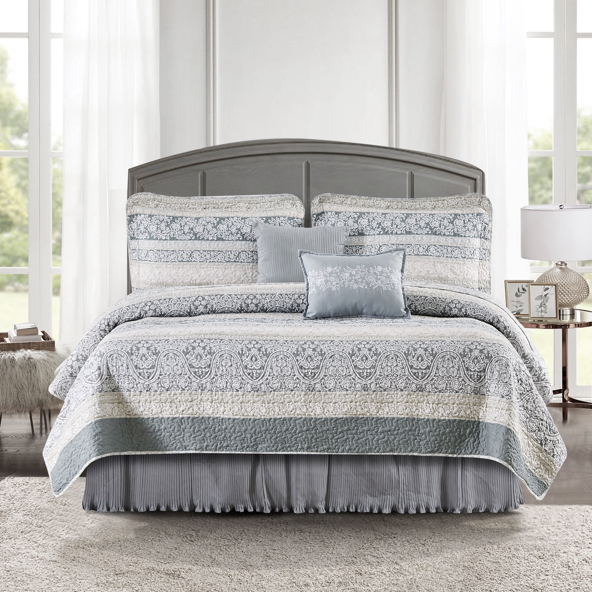 Home Soft Things 6 Piece Marchesa Printed Quilt Set with bedskirt, Queen (90" x 90")