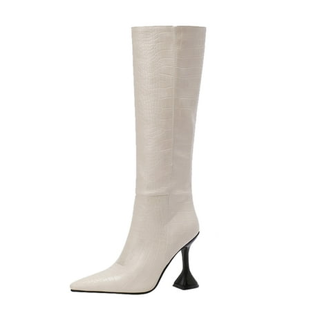 

SEMIMAY Women s Fashion Autumn Winter Stiletto High Heel Pointed Texture Print Mid Long Boots Beige