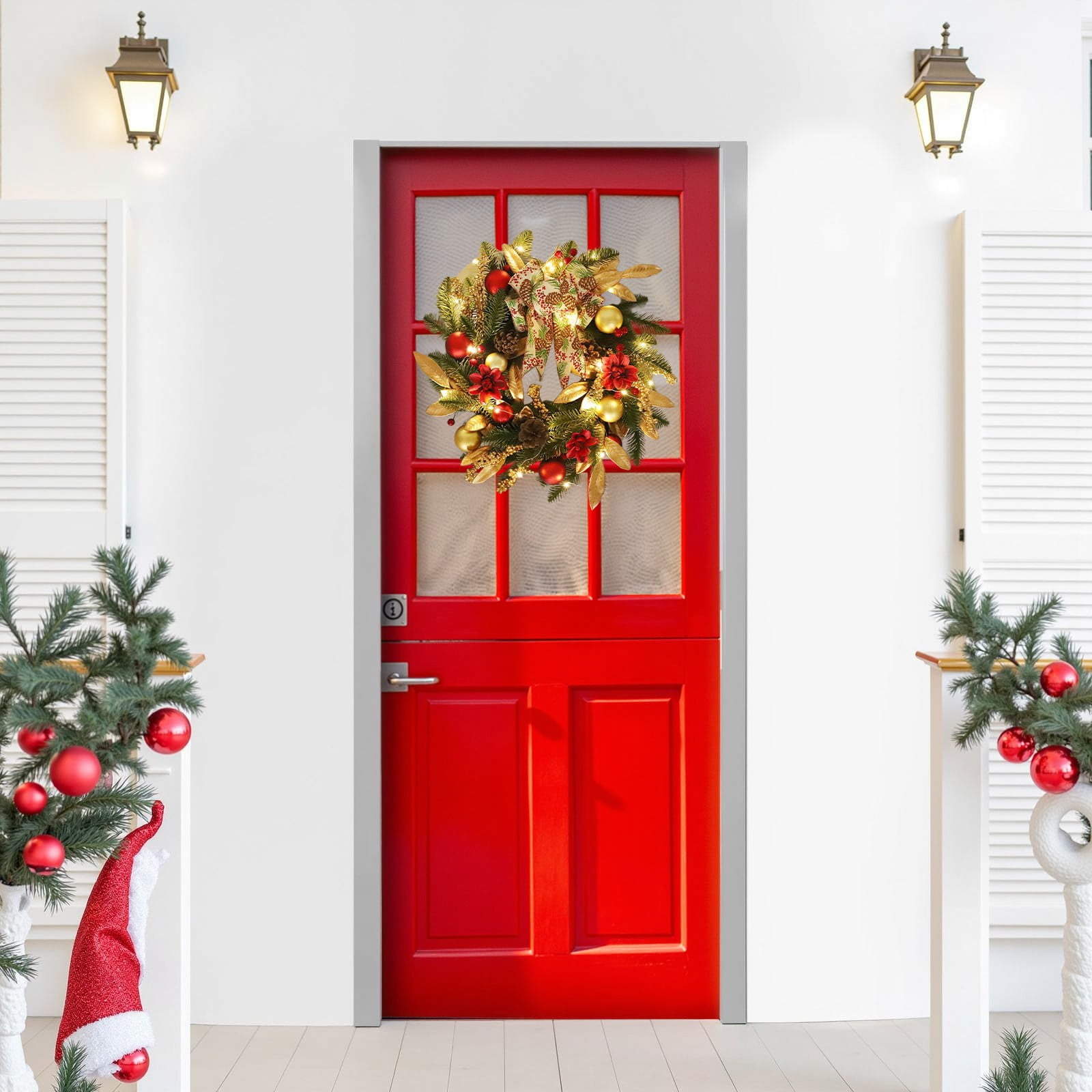 Wzzjkit 17.72 Inch Christmas Wreath with Red and Gold Ornaments
