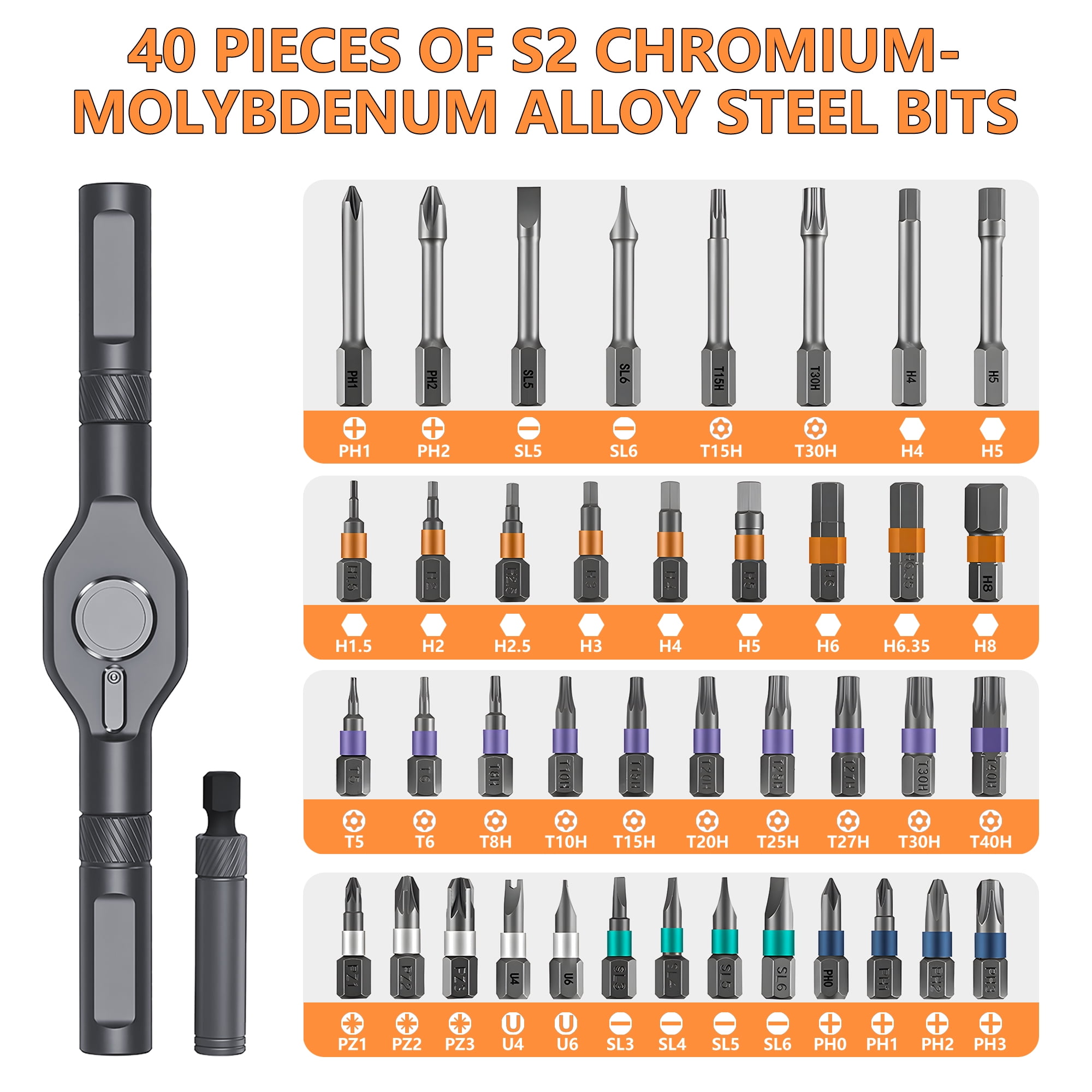 42-in-one magnetic ratchet screwdriver set, [S2 steel] 40-position + T-shaped handle, suitable for home use, automobiles, bicycles, motorcycles, electronic repair - portable tool storage box.