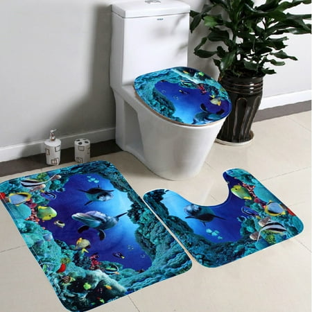 Large Size 3Pcs Non-Slip Shark Sea World Pedestal Floor Rug + Lid Toilet Cover