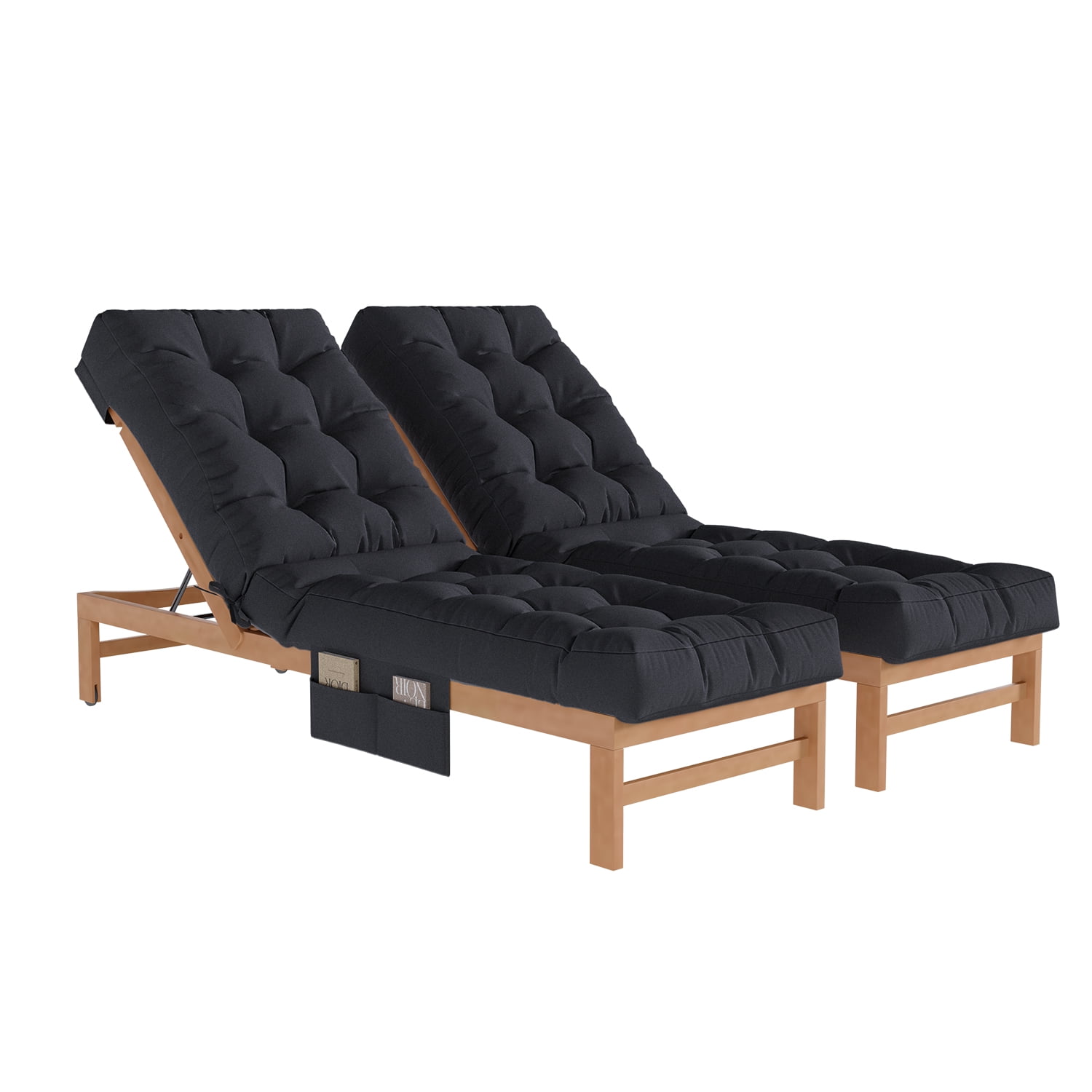 BaPiPro Black 2-Pack Outdoor Chaise Lounge Cushion with Side Pocket, Triple Non-Slip Fixation, All-Weather Durable & Soft Fabric, Thickened Padding, Ideal for Patio and Poolside Use