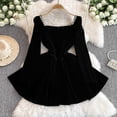 thumbnail image 2 of Vestido negro elegante de una línea para mujer, cuello cuadrado de diamantes, vestido ligeramente gordito, vestido de fiesta de manga larga de talla grande, Otoño e Invierno, 2 of 5