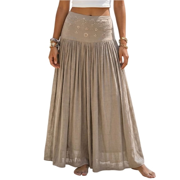 Embroidery Maxi Skirts for Women with Pockets Midi Length Long Skirt Casual Beach Party Holiday Cotton Linen Skirt Khaki S